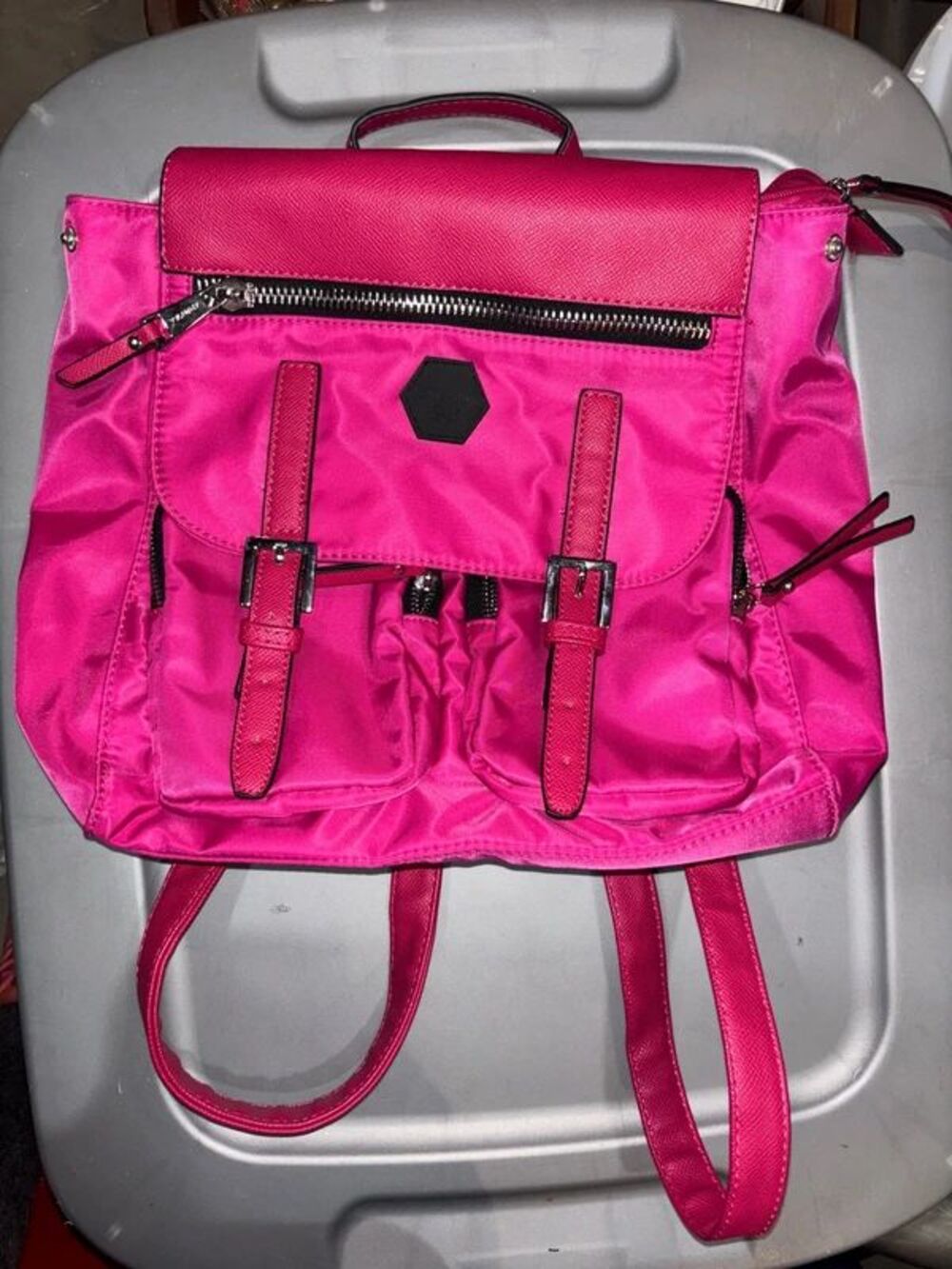 hot pink nylon backpack with dual front buckle pockets and silver-tone hardware - Picture 2 of 4